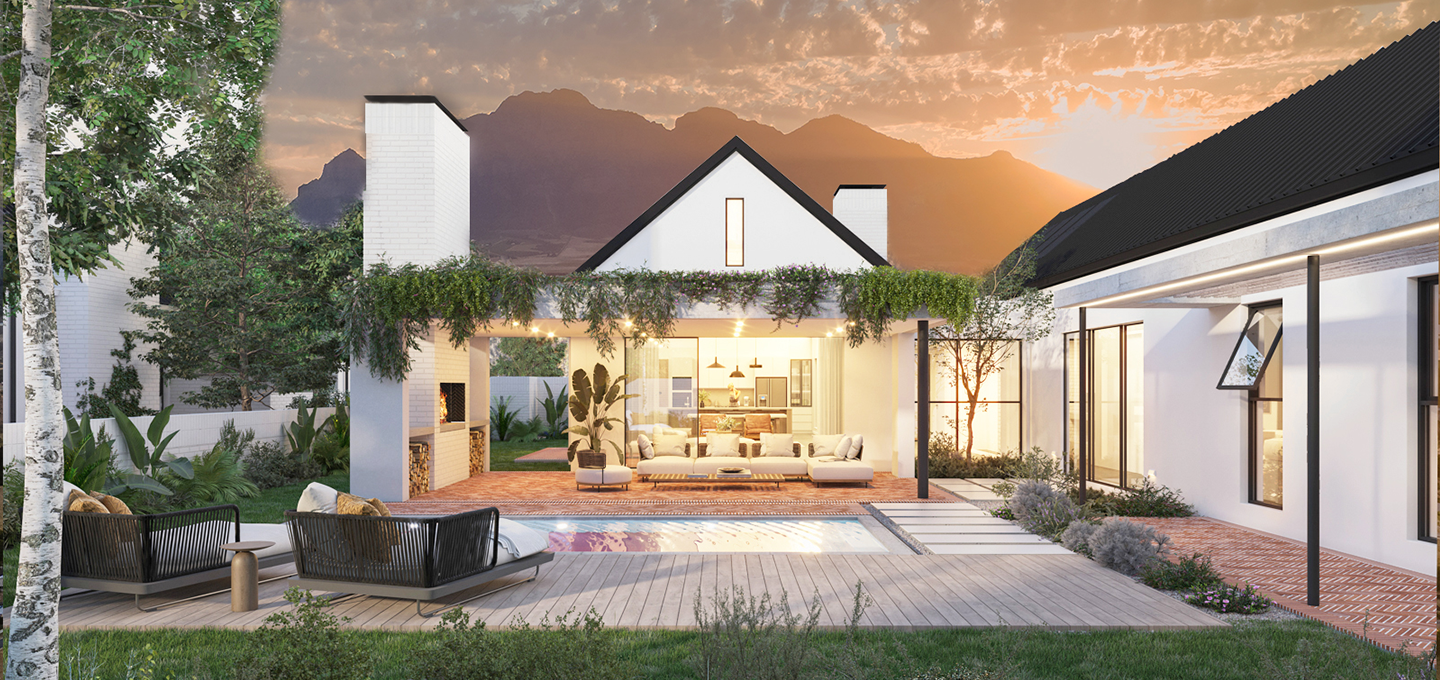 Hero Family Banner – A family enjoying open green space within the secure Avec la Terre estate in Paarl, framed by mountain views and landscaped surroundings.