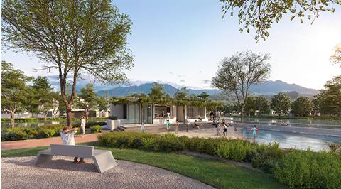 Lifestyle Dam Image – The estate dam and landscaped outdoor spaces at Avec la Terre in Paarl, reflecting a calm, nature-led lifestyle.