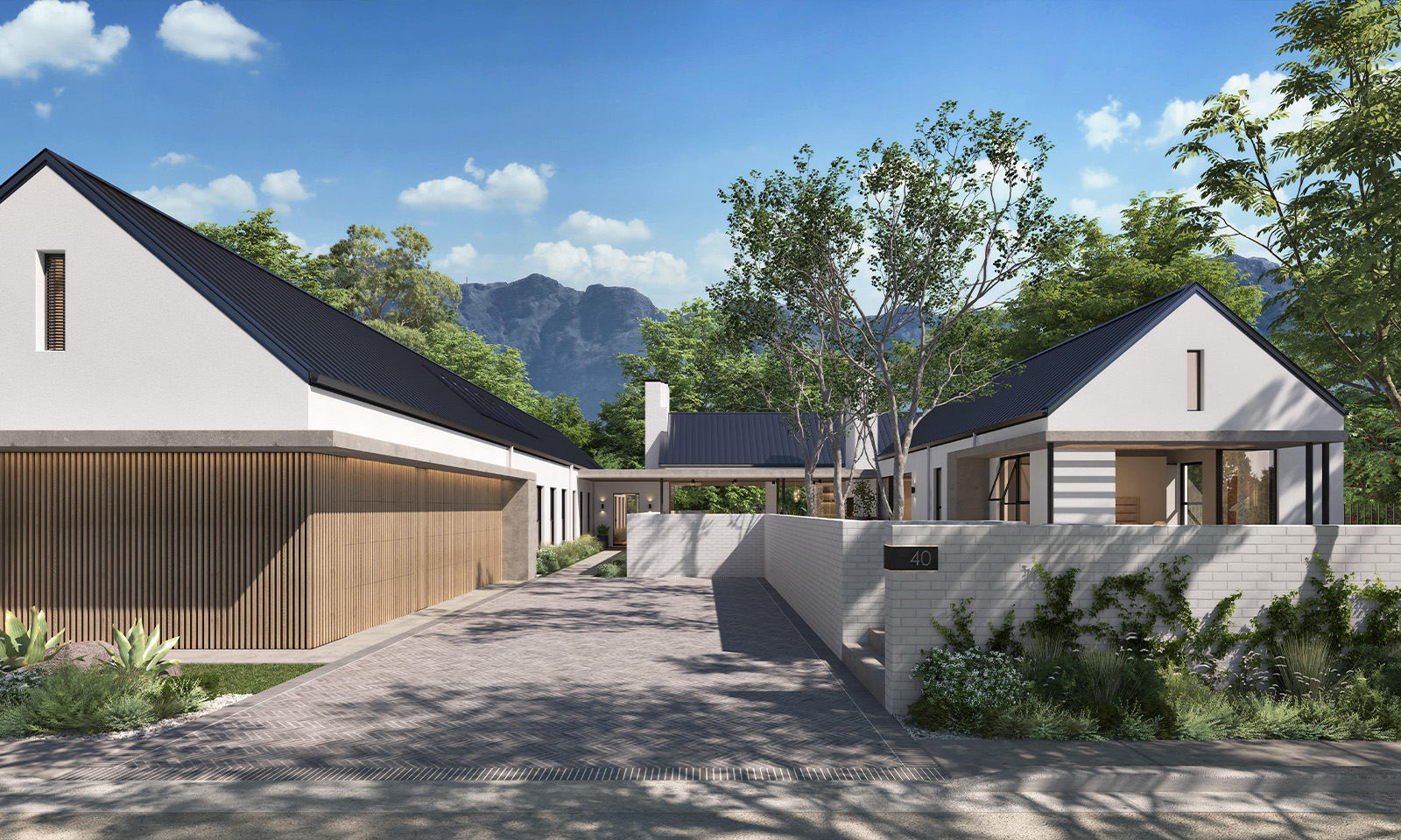 Residence 5 Image – Rear view of Residence 5, highlighting privacy, landscaping, and indoor-outdoor living.